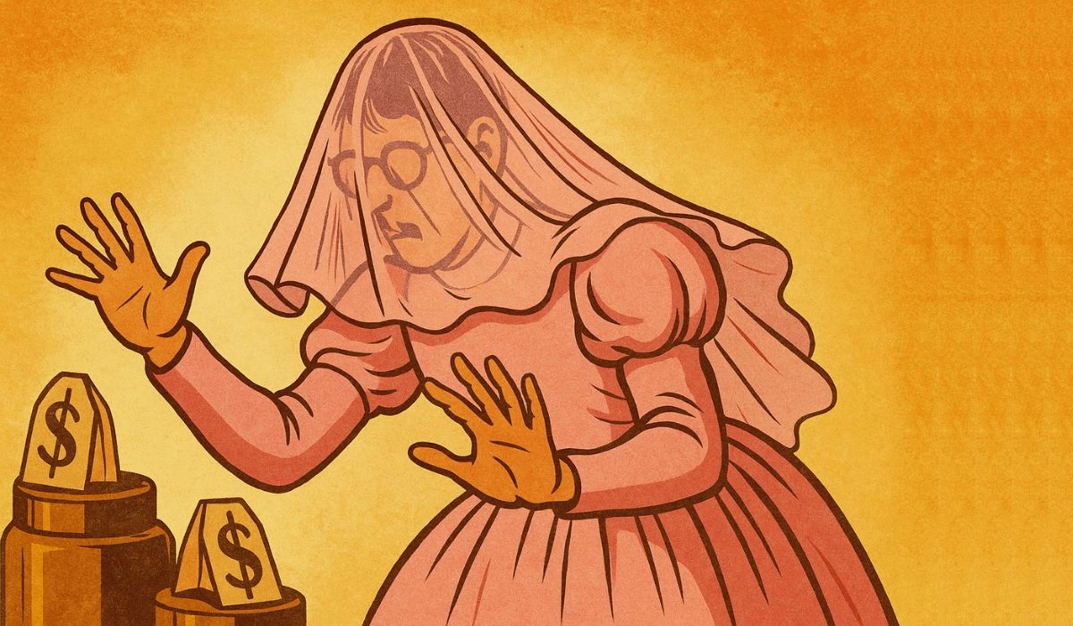 Una persona ilustrada con un vestido rosa y el velo retrocede ante fajos de dinero marcados con signos de dólar en lápidas, sobre un fondo naranja, capturando el impacto de "El velo de los precios" en las decisiones de la vida.