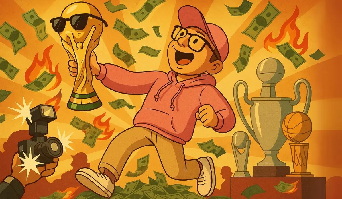 Persona de dibujos animados con una sudadera con capucha rosa sostiene un trofeo con gafas de sol, rodeado de dinero, llamas y otros trofeos, mientras las cámaras disparan flash, celebrando una victoria en el Mundial 2026.