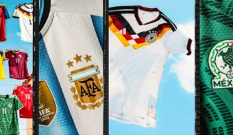 Un collage de varias camisetas de selecciones nacionales de fútbol, entre ellas las de Argentina, Alemania y México, se despliega sobre fondos coloridos para celebrar la expectación por la CM 2026.