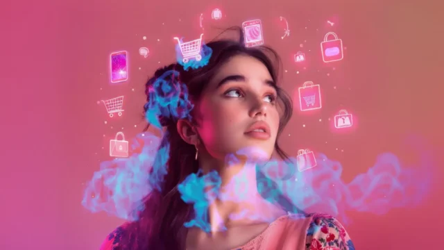 Una mujer joven mira hacia arriba mientras iconos de compras digitales y tecnología flotan alrededor de su cabeza, ilustrando la psicología del consumidor en el marketing, rodeada de humo azul y rosa sobre un fondo rosa.