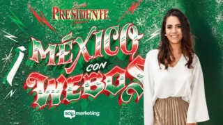 Una mujer con blusa blanca y falda plisada aparece ante un fondo verde con un texto en rojo y blanco que proclama con orgullo "¡México con Webos!" junto a logotipos de marcas.
