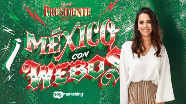 Una mujer con blusa blanca y falda plisada aparece ante un fondo verde con un texto en rojo y blanco que proclama con orgullo "¡México con Webos!" junto a logotipos de marcas.
