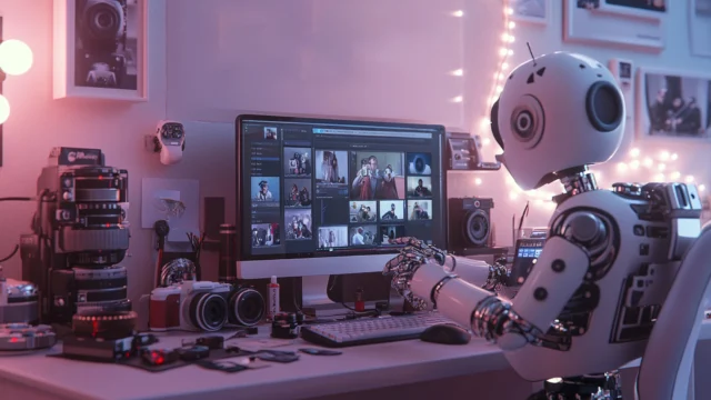 Un robot humanoide sentado en un escritorio desordenado utilizando un ordenador para una videoconferencia, rodeado de cámaras y aparatos electrónicos, con iluminación rosa y azul en la habitación: una vívida escena de IA digital creativa.