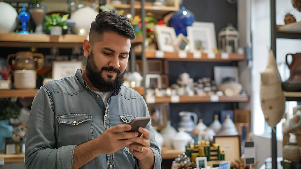 Un hombre con barba utiliza su smartphone mientras está de pie en una tienda llena de artículos de decoración para el hogar; es posible que esté consultando ofertas promocionales en WhatsApp y echando un vistazo a diversos productos de las estanterías.
