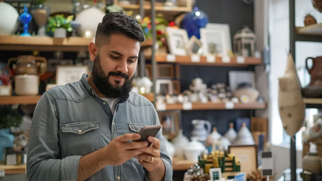 Un hombre con barba utiliza su smartphone mientras está de pie en una tienda llena de artículos de decoración para el hogar; es posible que esté consultando ofertas promocionales en WhatsApp y echando un vistazo a diversos productos de las estanterías.
