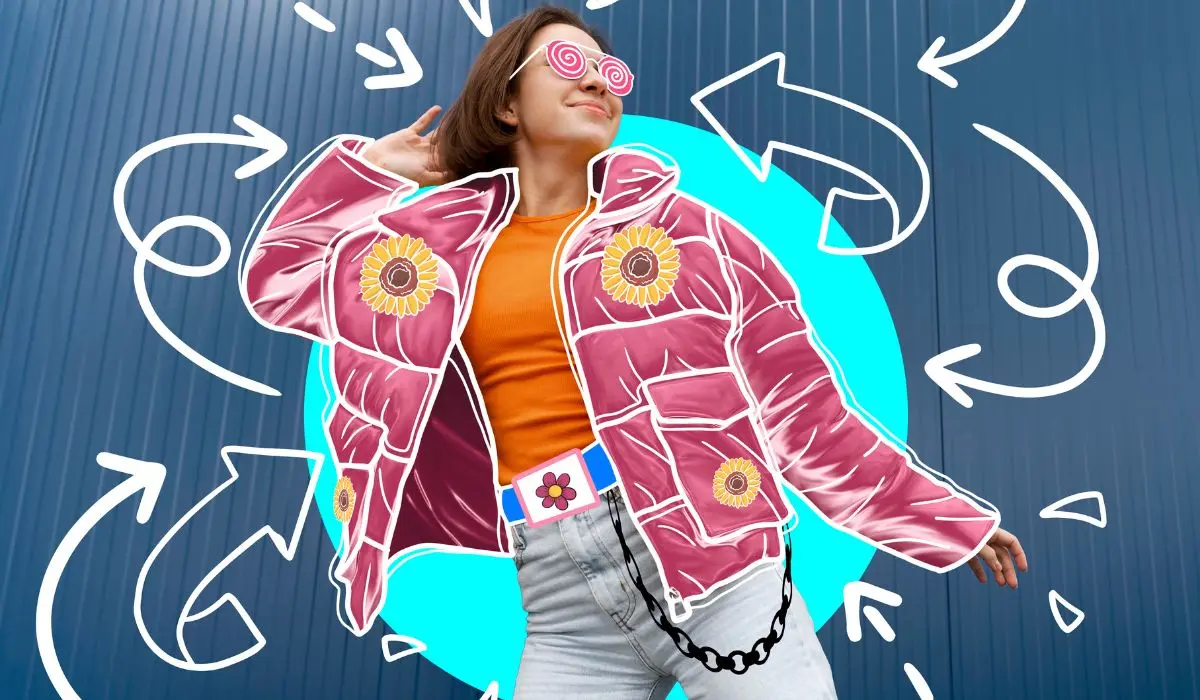 Una persona posa frente a una pared azul, mostrando su estilo con una chaqueta de girasol colorida, una camisa naranja y jeans claros, mientras flechas y remolinos ilustrados los rodean su estilo.