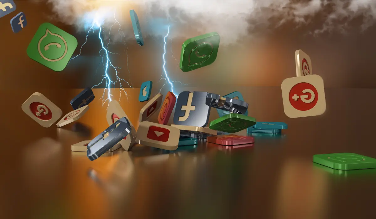 Un rayo cae sobre un grupo de íconos dispersos de aplicaciones de redes sociales, incluidas Facebook, YouTube y WhatsApp, sobre una superficie reflectante, capturando el caos de una crisis que se desarrolla en línea.
