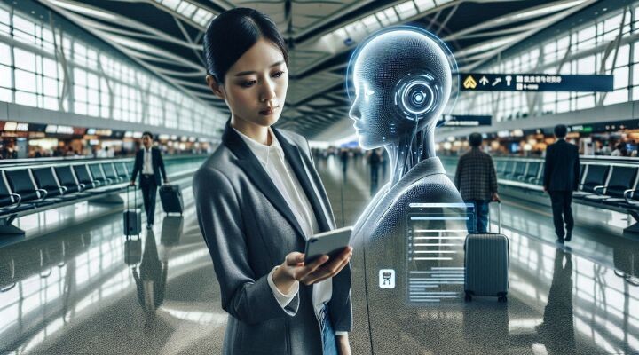 Una mujer con traje de negocios está parada en un aeropuerto, mirando su teléfono, mientras una figura holográfica de IA (su El Dorado digital) aparece a su lado.