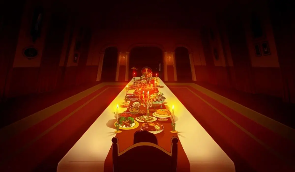 Una mesa de banquete larga y poco iluminada está repleta de platos diversos, rodeada de paredes oscuras y profusamente decoradas y velas encendidas.