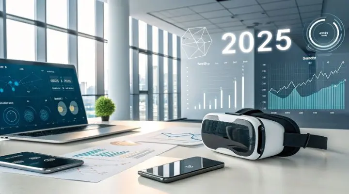 En la parte superior de un escritorio de oficina equipado con un ordenador portátil, un teléfono inteligente y un casco de realidad virtual se muestran gráficos y cuadros de datos holográficos de "2025". Esta configuración de alta tecnología encarna la hiperpersonalización, adaptando las experiencias digitales a las necesidades individuales con precisión.