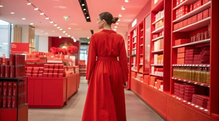 Una persona con un vestido largo de color rojo camina por un pasillo de una tienda rebosante de productos y envases de color rojo.