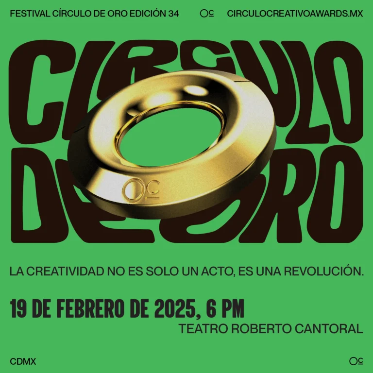 Afiche gráfico para el Festival Círculo de Oro Edición 34, protagonizado por un llamativo objeto circular de oro. Acompáñanos el 19 de febrero de 2025, a las 6PM en el Teatro Roberto Cantoral, CDMX.