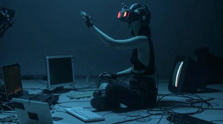Una persona que lleva un casco de realidad virtual está sentada en una habitación con poca luz, rodeada de varios ordenadores y cables, y hace gestos con una mano. Es una escena en la que la IA en la creatividad redefine los límites, fusionando tecnología e imaginación.