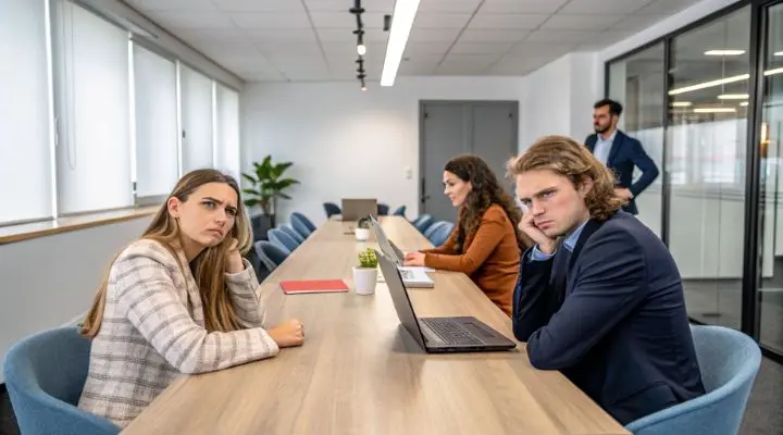 Cuatro personas están sentadas alrededor de una mesa de conferencias en una oficina; dos miran a la cámara con expresión aburrida, mientras que otras dos están ocupadas con sus computadoras portátiles. Una quinta persona está de pie en el fondo, encarnando el espíritu del bienestar laboral al fomentar la conexión y la positividad.