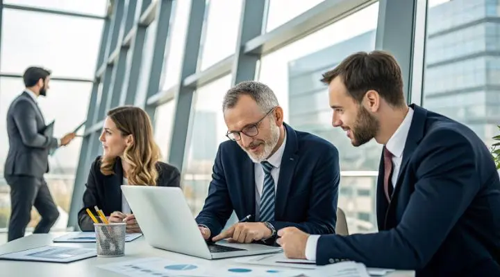 Un grupo de profesionales B2B en una oficina moderna está discutiendo alrededor de una computadora portátil, mientras una persona se encuentra en el fondo sosteniendo una tableta.
