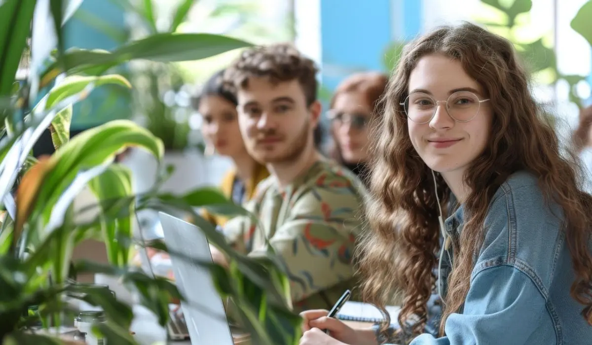 Un grupo de jóvenes sentados en un escritorio rodeado de plantas. En primer plano, una persona con cabello largo y rizado y gafas sonríe a la cámara mientras sostiene un cuaderno.