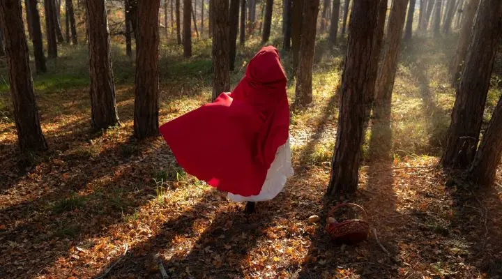 Una figura vestida de rojo deambula por un bosque iluminado por el sol, que recuerda a Blancanieves, con una cesta apoyada suavemente en el suelo cercano.