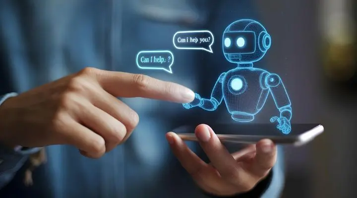 Una persona interactúa con un teléfono inteligente que muestra un robot holográfico que ofrece atención al cliente, con globos de diálogo que dicen "¿Puedo ayudarlo?" y "¿Puedo ayudar?".