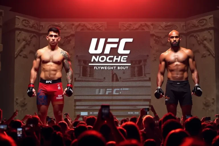 Dos luchadores masculinos miran al frente en el escenario durante un pesaje de la UFC en The Sphere, con el mensaje "UFC Noche Flyweight Bout" en una pantalla detrás de ellos. En primer plano se ve al público entusiasmado.