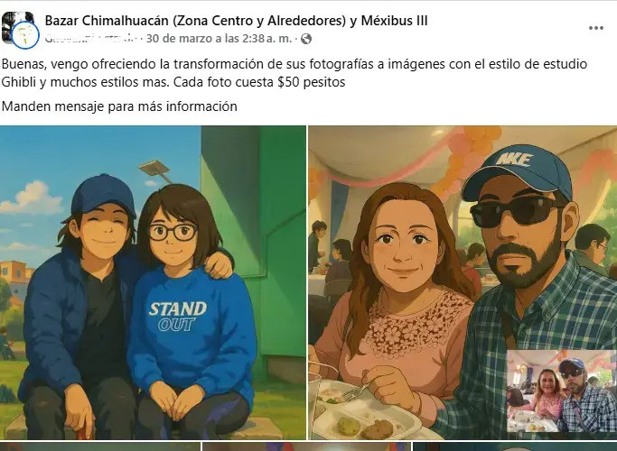 Ilustración de dos parejas en una forma de arte estilizada, publicada en un anuncio de Facebook que ofrece transformaciones de fotografías en imágenes estilo Ghibli por $50.