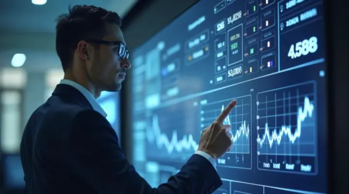 Un hombre de traje interactúa con una gran pantalla financiera digital que muestra precios de acciones, números y gráficos en un entorno de oficina, como parte de su trabajo con la Comisión de Defensa.