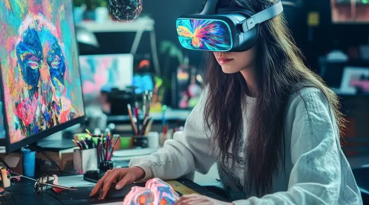 Una persona que usa un casco de realidad virtual se sienta en un escritorio, usa una computadora y un mouse, rodeada de arte digital vibrante que refleja la creatividad que prospera en un entorno de estudio dinámico.