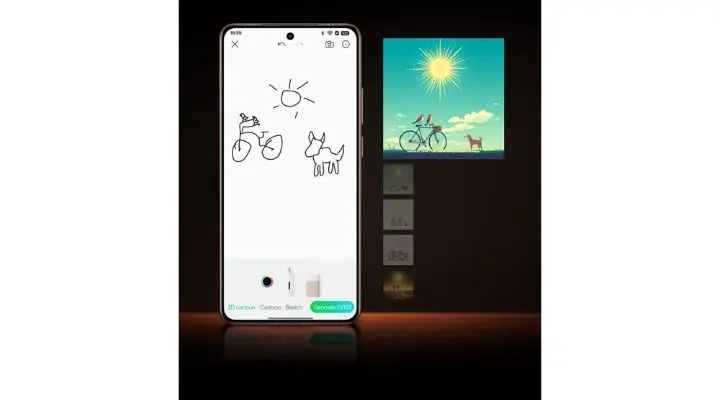 La pantalla de un smartphone muestra un boceto de un ciclista, un perro y el sol, mientras que una versión en color generada por IA de la misma escena aparece en un monitor en el fondo.