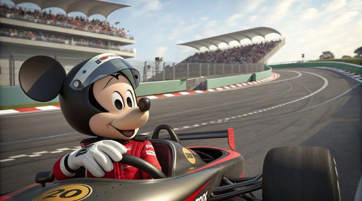 Mickey Mouse, vestido con un traje y casco de carreras, conduce un coche de carreras en una pista con un estadio lleno de espectadores, capturando el espíritu del sportainment.