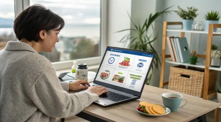 Una persona trabaja con una computadora portátil en una mesa con una taza de café, un plato de galletas y una pequeña planta, tal vez mirando las ofertas Hot Sale 2025 Walmart, con estantes y una ventana al fondo.
